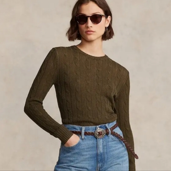 Polo Ralph Lauren Sweaters - Polo Ralph Lauren Cable Knit Cotton Blend Crew Neck Sweater In Canopy Olive S